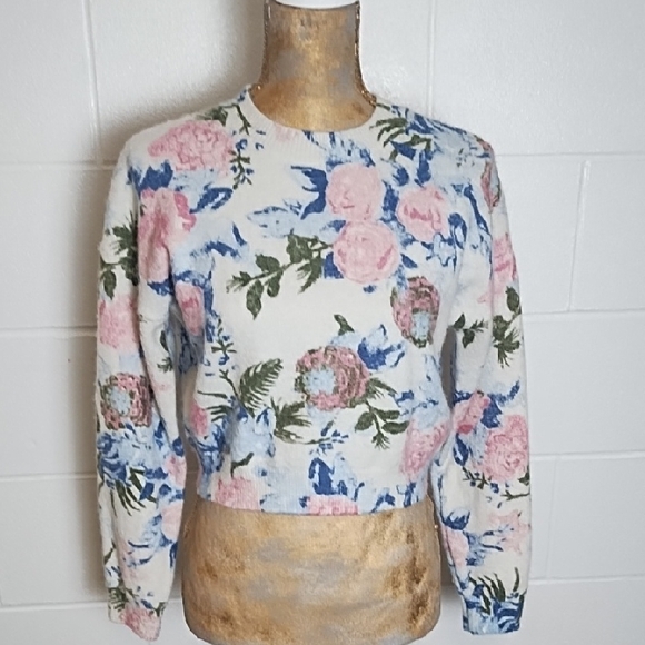 Zara Sweaters - Floral Cropped Sweater Cream Pink, Blue, and Green Perfect with High Waist Jeans